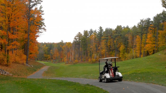 A person riding a golf cart on winding gravel trail with open grass and an autumn tree line