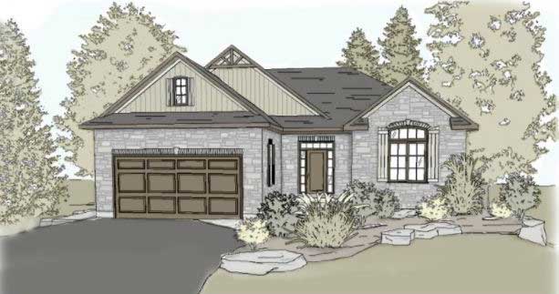 Illustration of a stone home with gabled roofs and landscaped garden