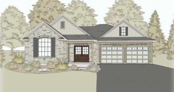 Illustration of a stonen home with double garage and landscaped front garden