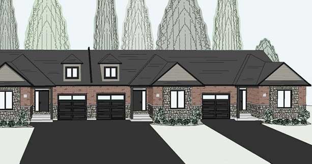 Illustration of a row of attached town homes with brick siding and gabled roofs
