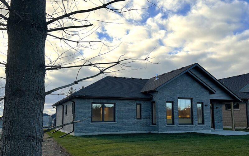 The exterior of a modern bungalow featuring grey brick siding, a dark gabled roof, and large black-trimmed windows. The house is situated on a green lawn under a bright, cloudy sky, with a large tree trunk visible in the foreground.