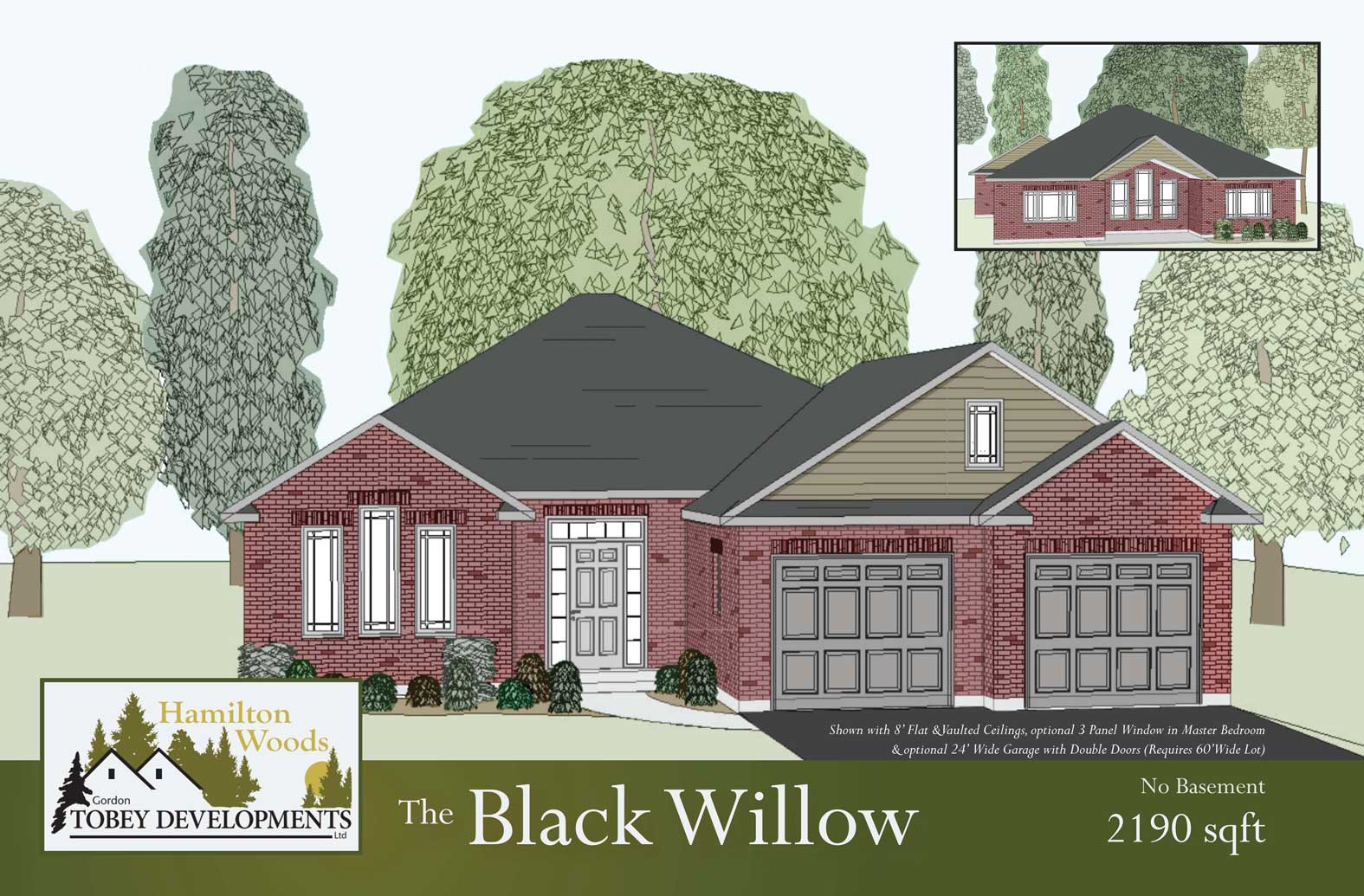 The Black Willow home illustration with the information "No Basement 2190 square feet"