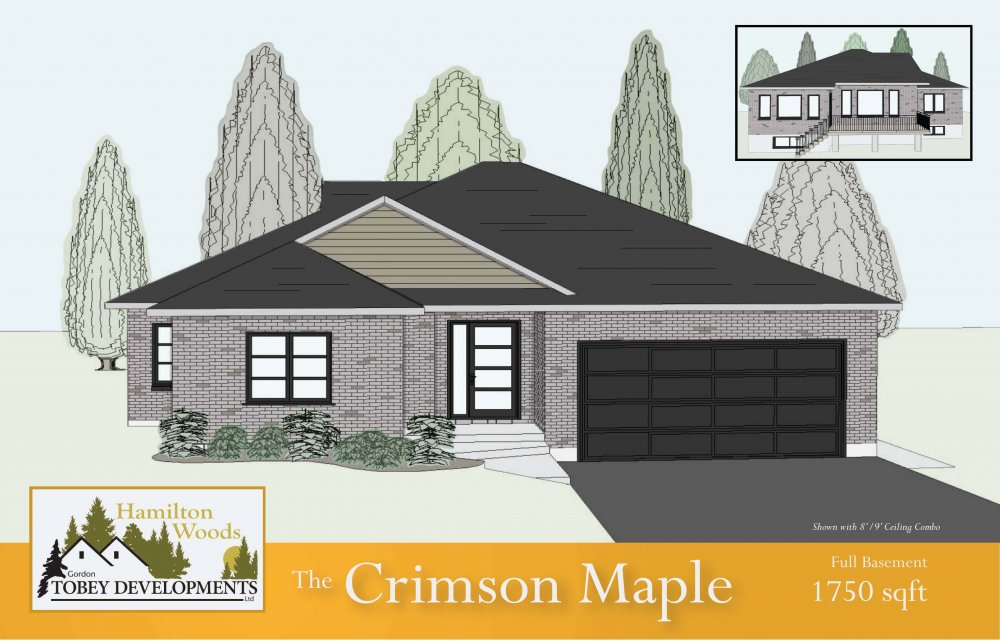 The Crimson Maple home illustration with the information "Full Basement 1750 square feet"