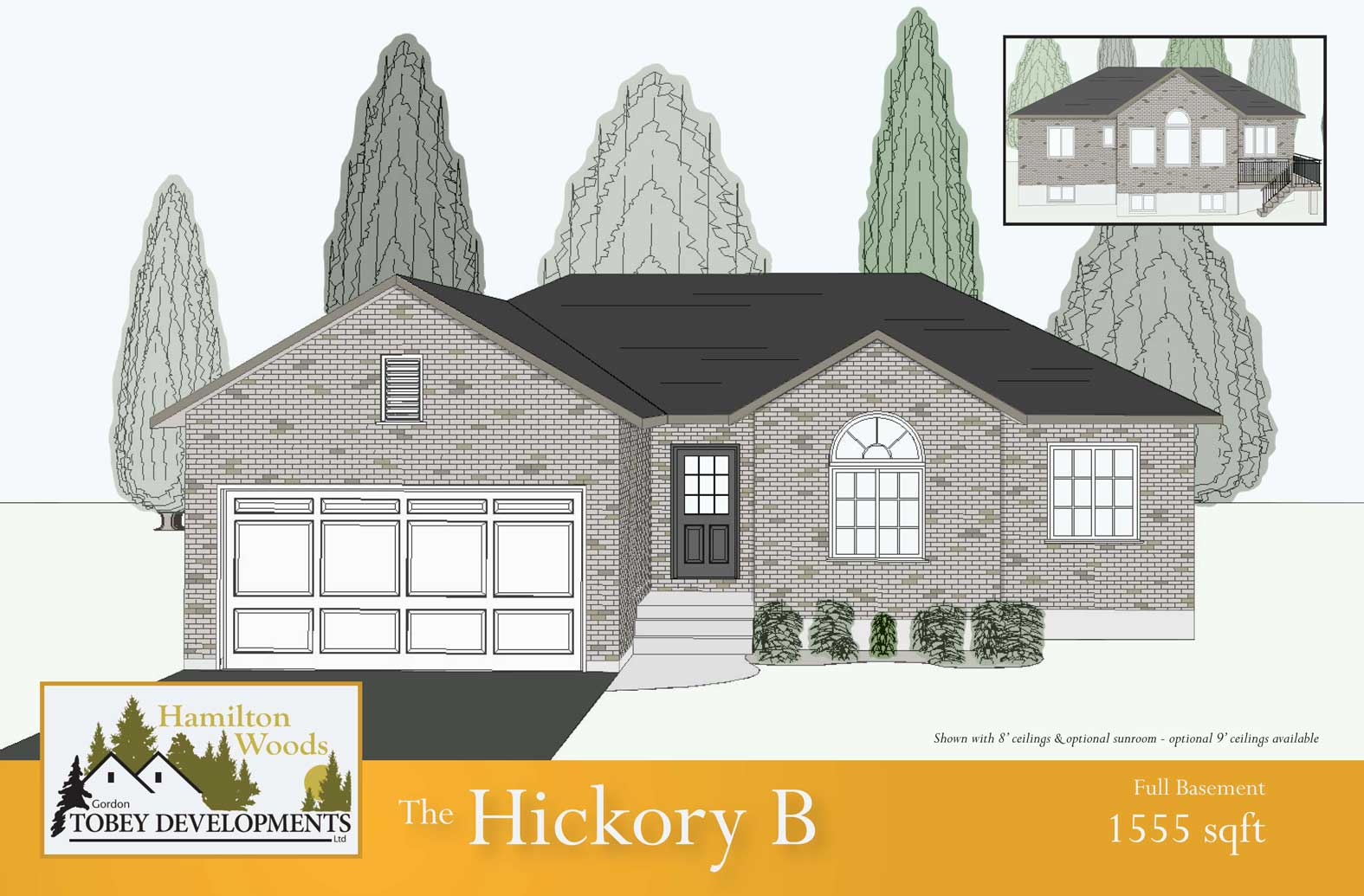 The Hickory B home illustration with the information "Full Basement 1555 square feet"