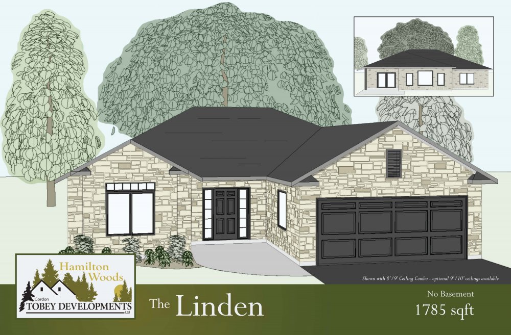 The Linden home illustration with the information "No Basement 1785 square feet"