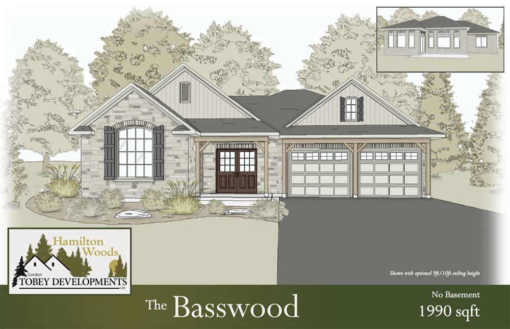 The Basswood home illustration with the information "No Basement 1990 square feet"
