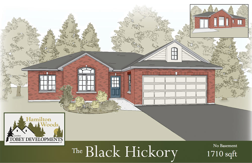 The Black Hickory home illustration with the information "No Basement 1710 square feet"
