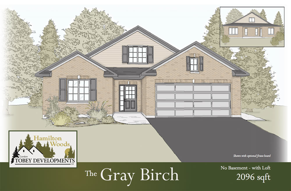 The Gray Birch home illustration with the information "No Basement 2096 square feet"