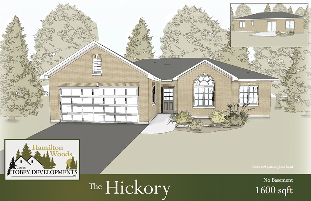 The Hickory home illustration with the information "No Basement 1600 square feet"