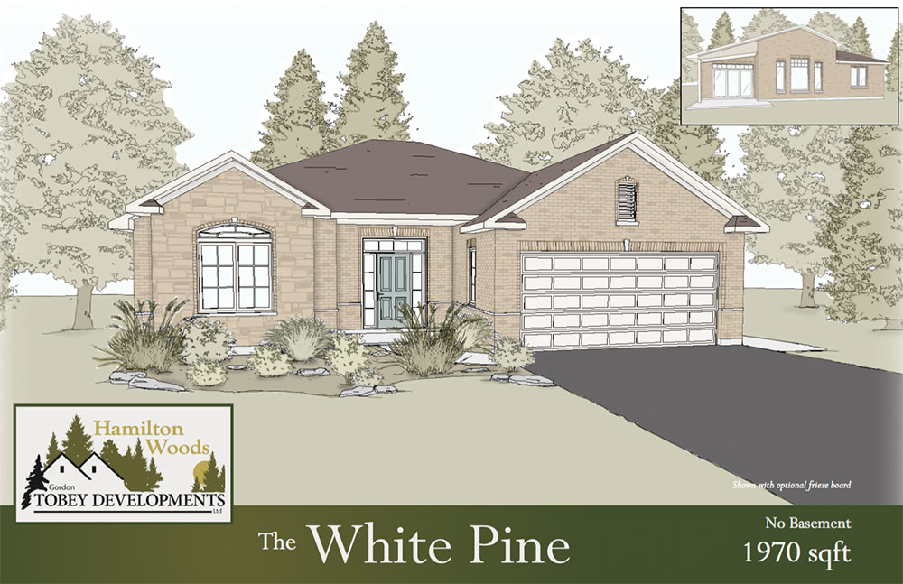 The White Pine home illustration with the information "No Basement 1970 square feet"