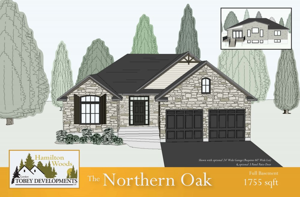 The Northern Oak home illustration with the information "Full Basement 1755 square feet"