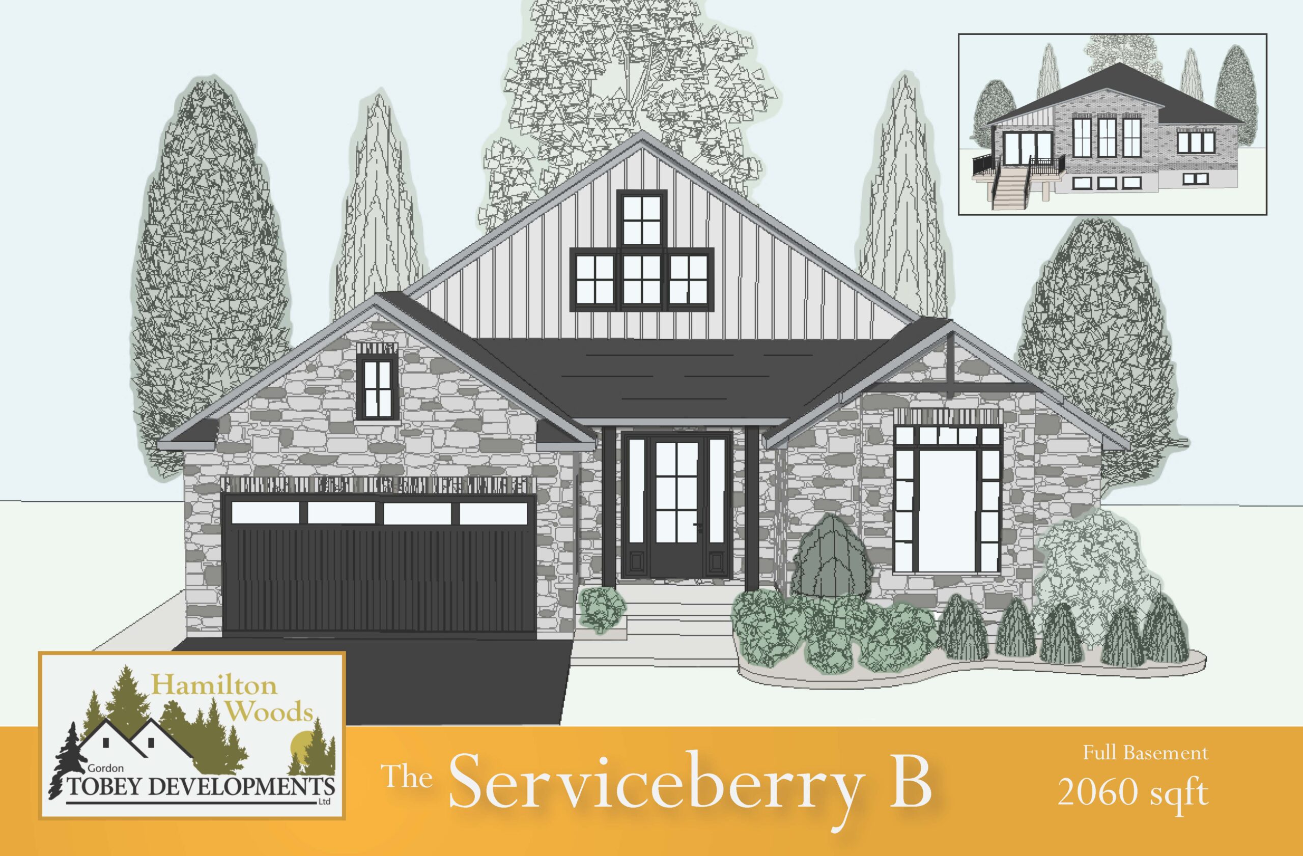 The Serviceberry B home illustration with the information "Full Basement 2060 square feet"