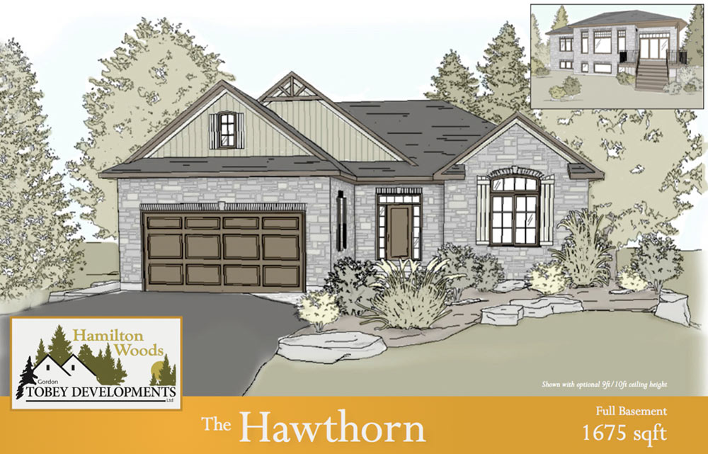 The Hawthorn home illustration with the information "Full Basement 1675 square feet"