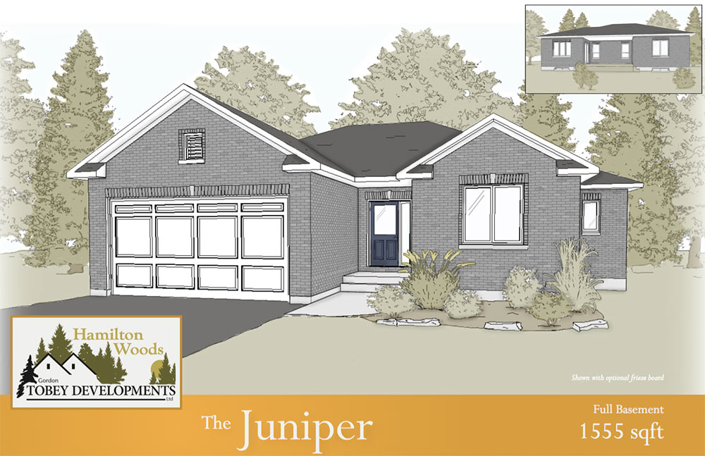 The Juniper home illustration with the information "Full Basement 1555 square feet"