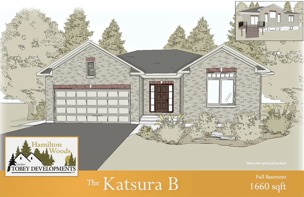 The Katsura B home illustration with the information "Full Basement 1660 square feet"