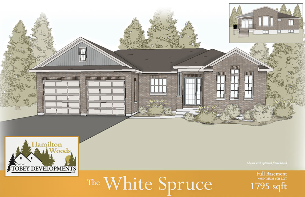 The White Spruce home illustration with the information "Full Basement 1795 square feet"